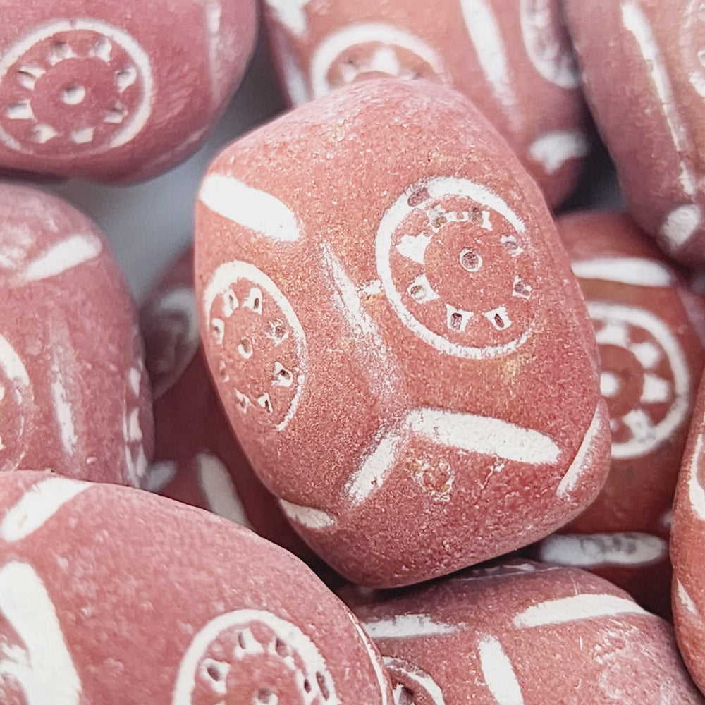 28x13mm Barrel (10) - Red Terracotta w. White - Vintage Clay Beads