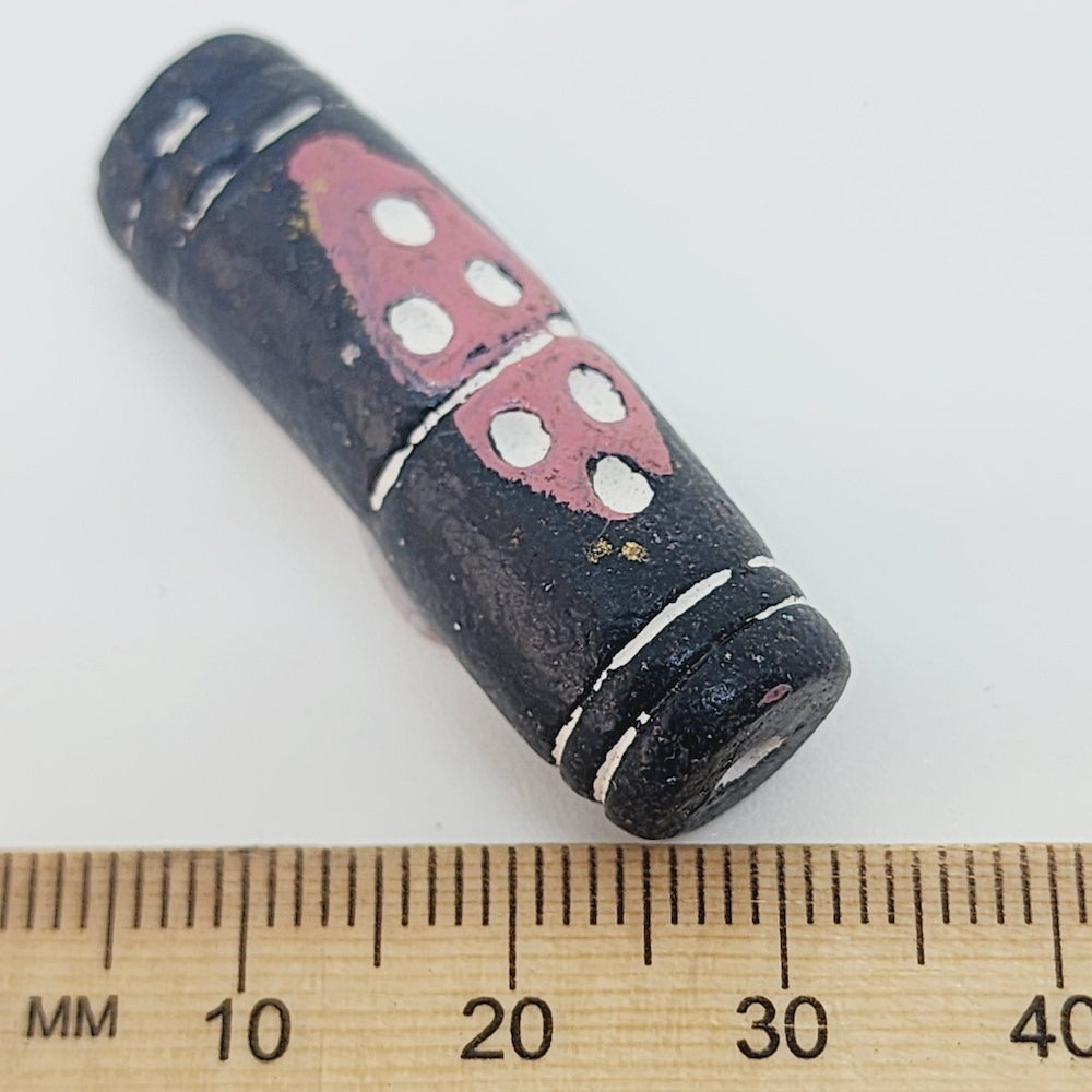Long Tube (10) - Black w. Gold & Pink - Vintage Clay Beads
