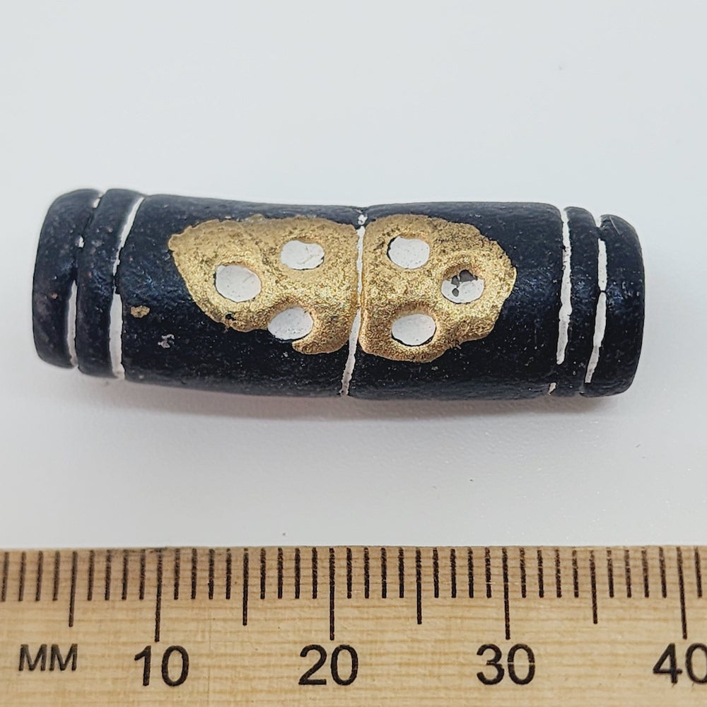 Long Tube (10) - Black w. Gold & Pink - Vintage Clay Beads