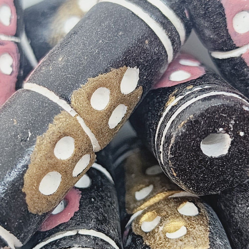 Long Tube (10) - Black w. Gold & Pink - Vintage Clay Beads