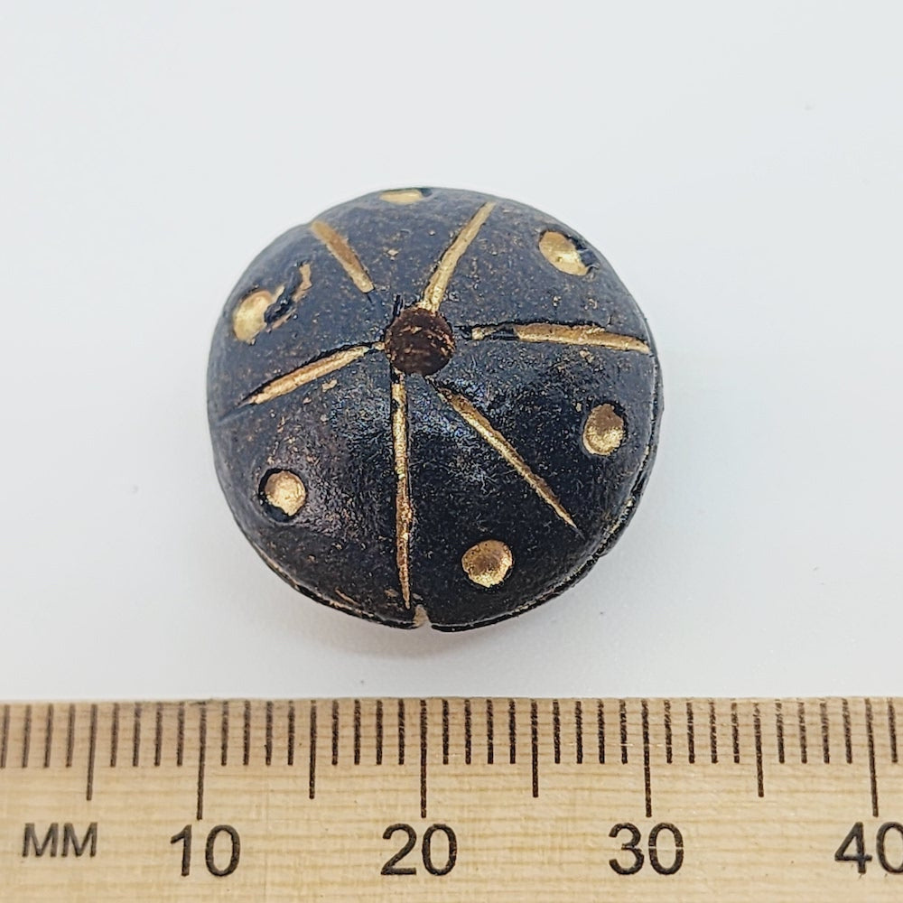 20x14mm Rondelle Clay (10) - Black w. Gold Dots - Vintage Clay Beads