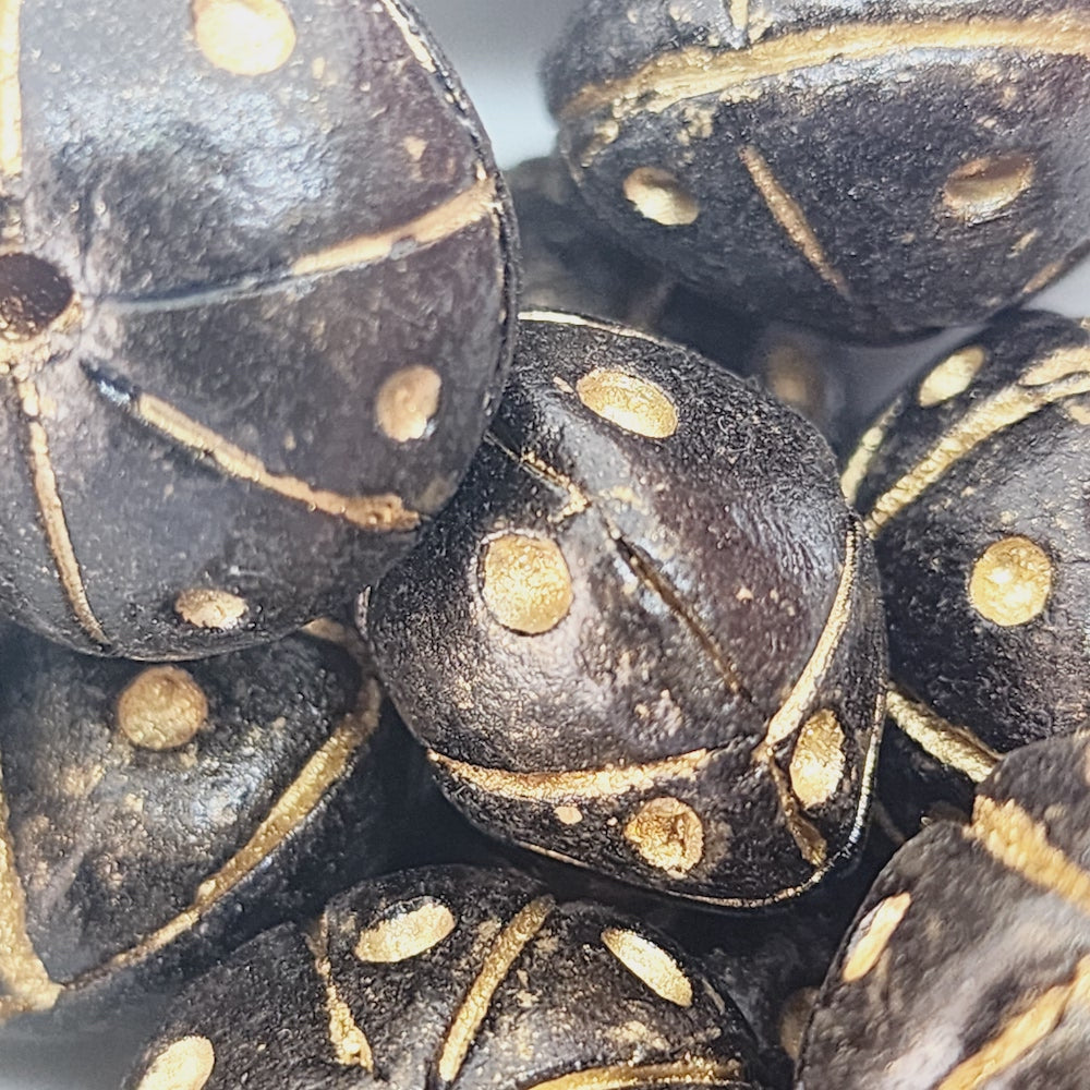 20x14mm Rondelle Clay (10) - Black w. Gold Dots - Vintage Clay Beads