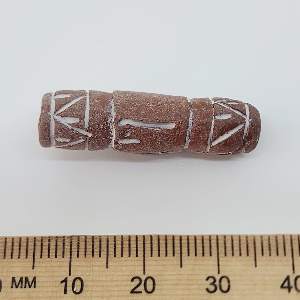 30mm Tube (10) - Brown Terracotta w. White - Vintage Clay Beads