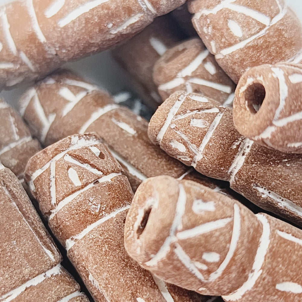 30mm Tube (10) - Brown Terracotta w. White - Vintage Clay Beads