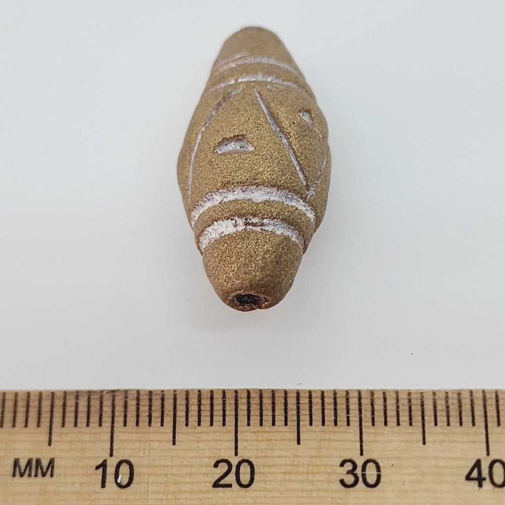28x12mm Bicone w. Lines & Triangles (10) - Light Antique Gold - Vintage Clay Beads