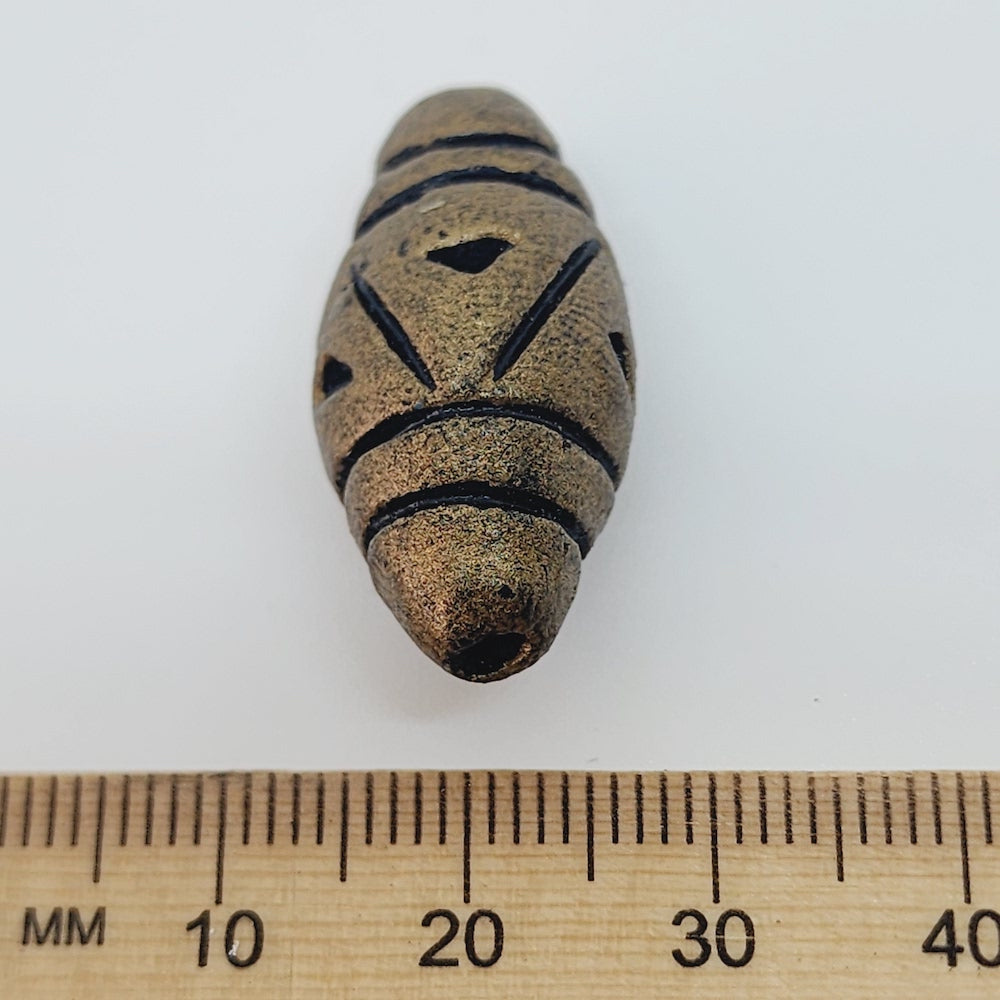 28x12mm Bicone w. Lines & Triangles (10) - Antique Gold - Vintage Clay Beads