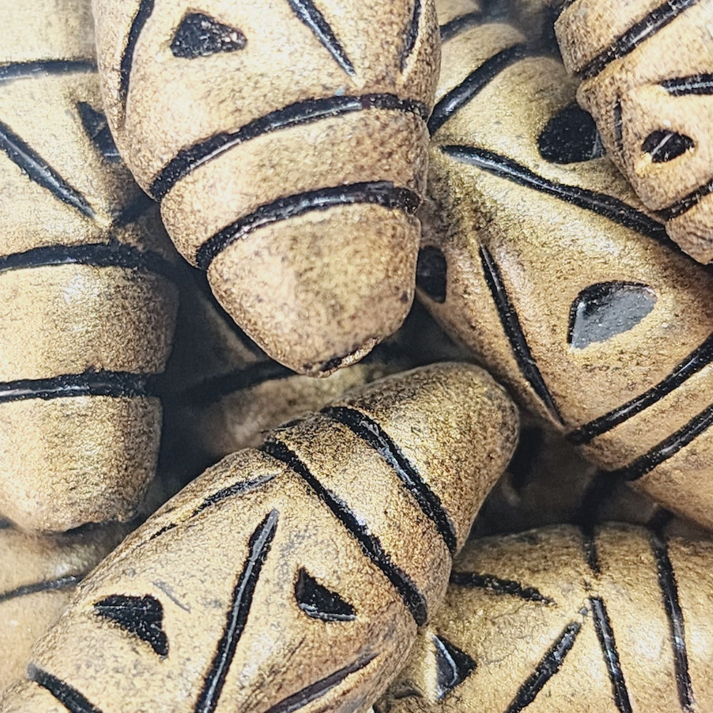 28x12mm Bicone w. Lines & Triangles (10) - Antique Gold - Vintage Clay Beads