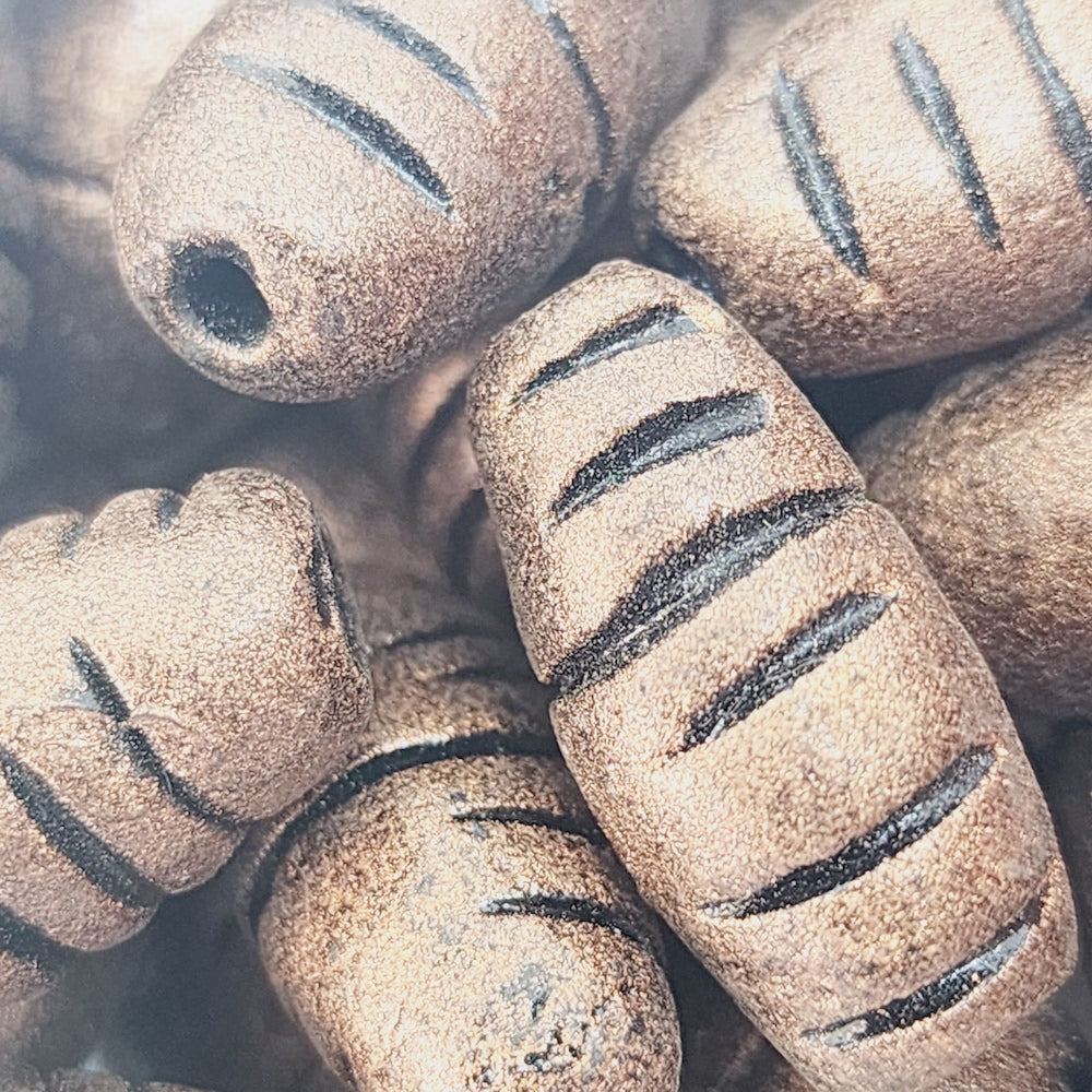23x12mm Barrel Shaped w. Cuts (10) - Antique Copper - Vintage Clay Beads