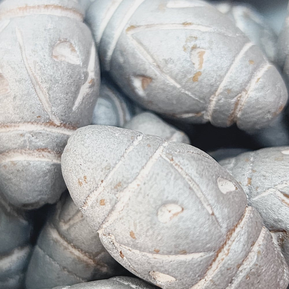 28x12mm Bicone w. Lines & Triangles (10) - Light Antique Silver - Vintage Clay Beads