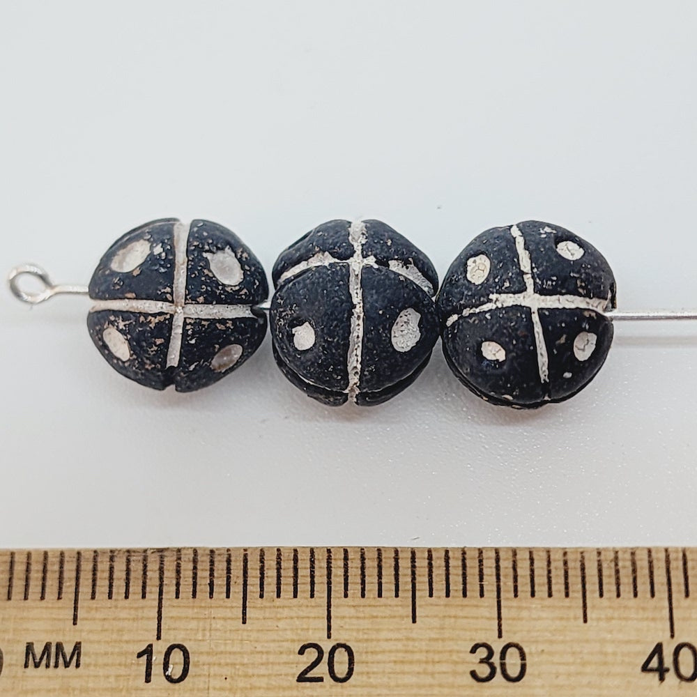 13mm Round Beads (10) - Black w. Cross & Dots - Vintage Clay Beads