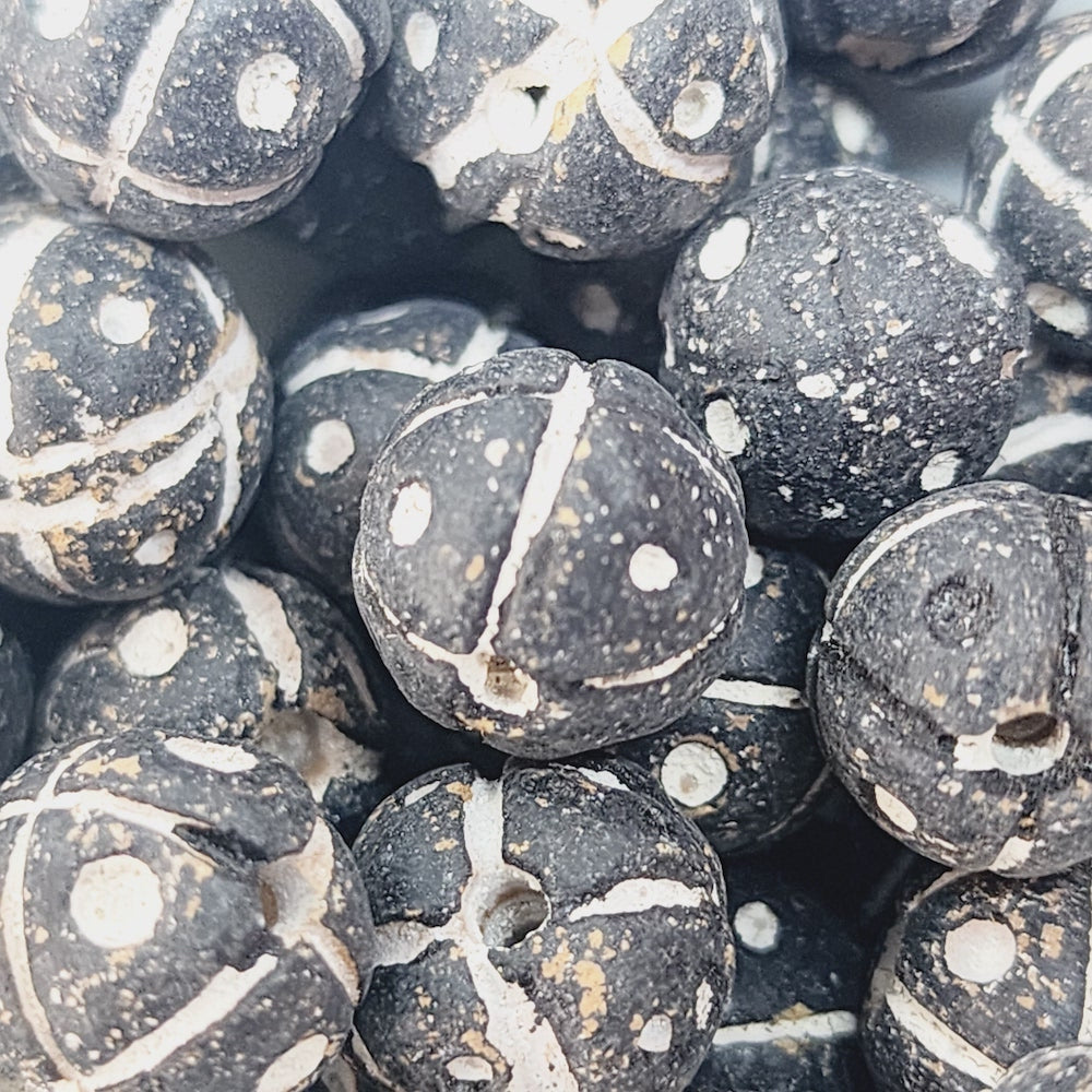 13mm Round Beads (10) - Black w. Cross & Dots - Vintage Clay Beads