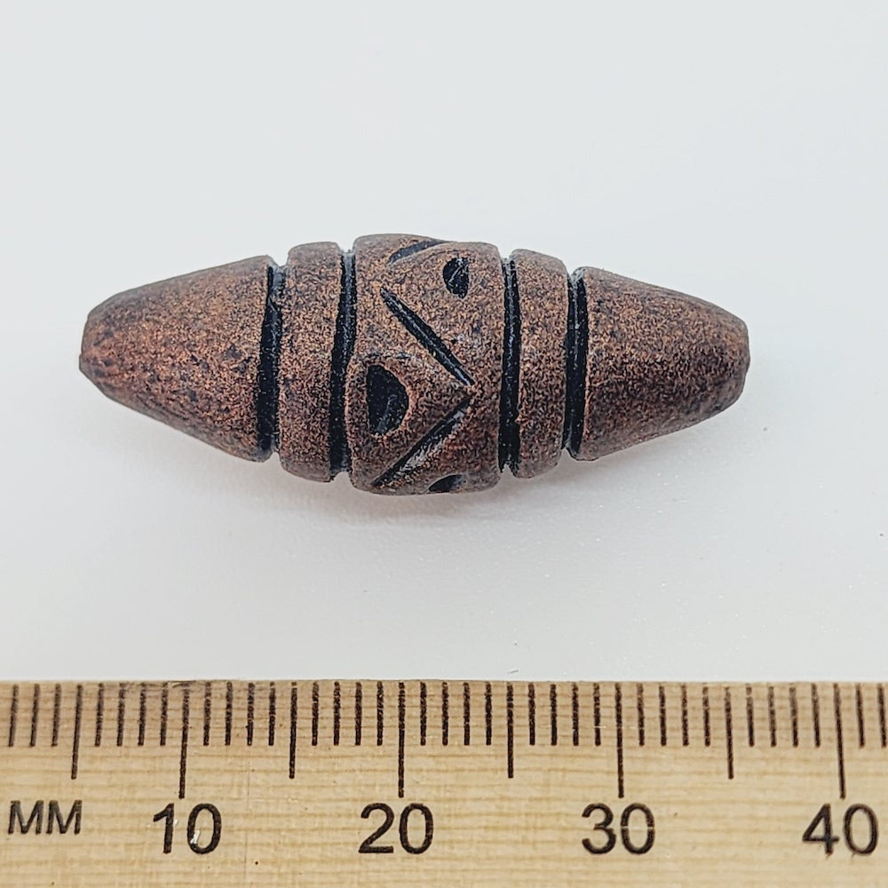 28x12mm Bicone w. Lines & Triangles (10) - Antique Copper - Vintage Clay Beads