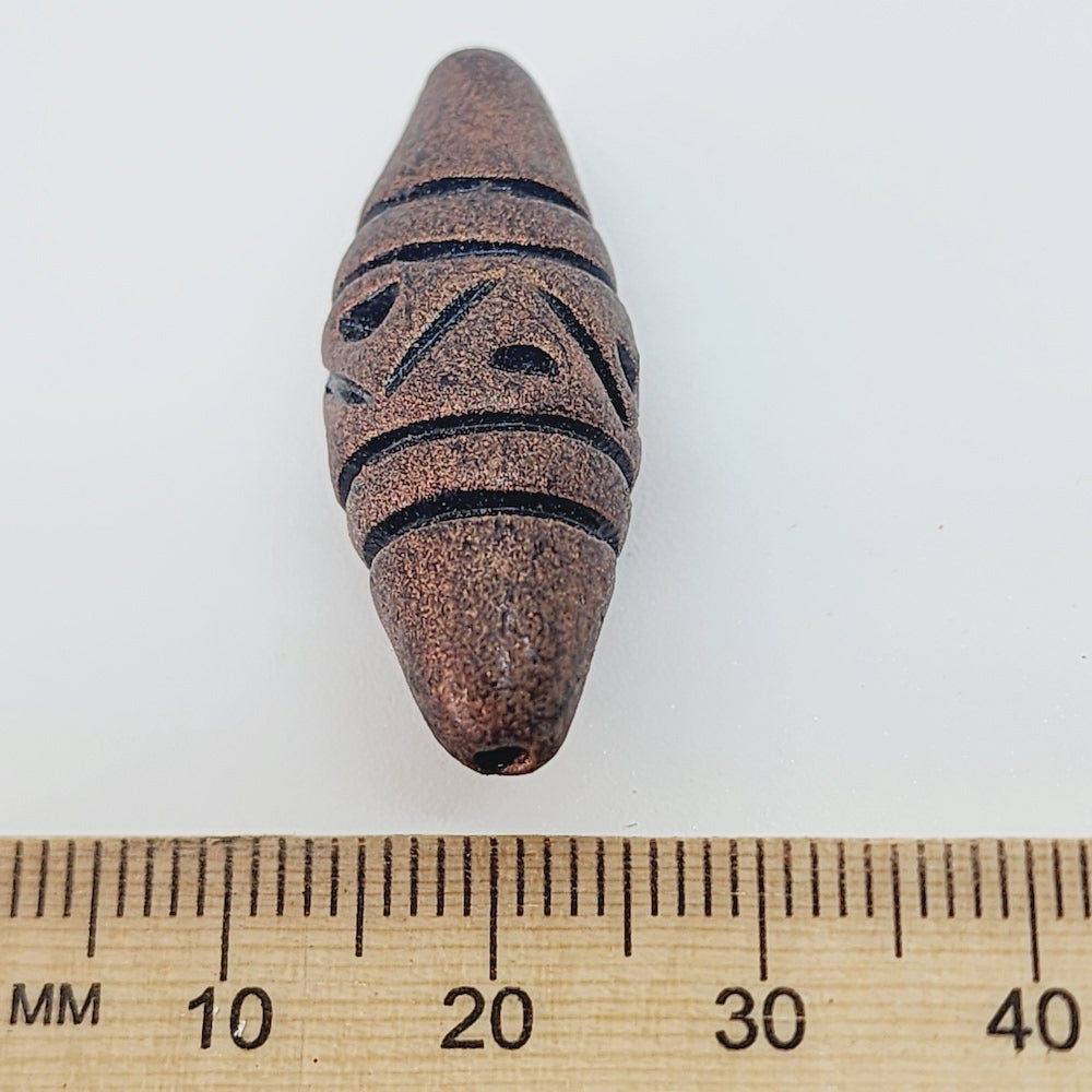 28x12mm Bicone w. Lines & Triangles (10) - Antique Copper - Vintage Clay Beads