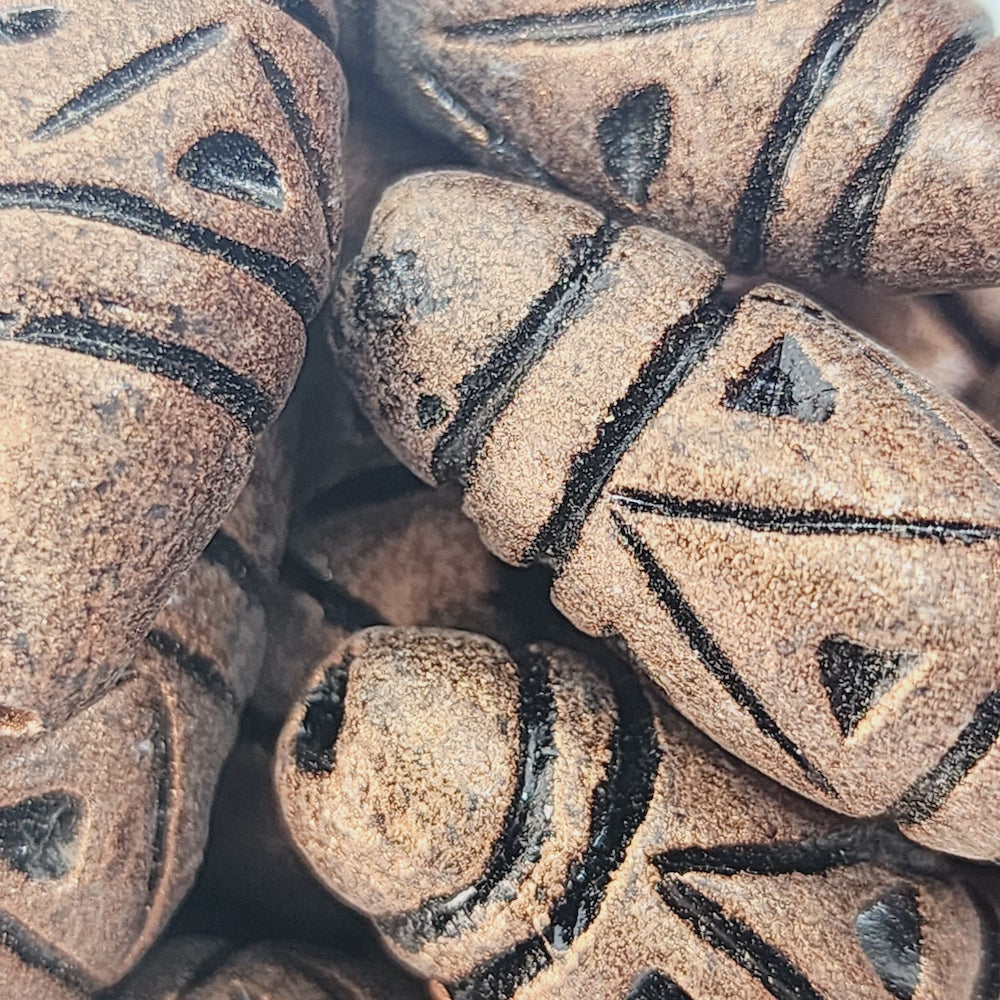 28x12mm Bicone w. Lines & Triangles (10) - Antique Copper - Vintage Clay Beads