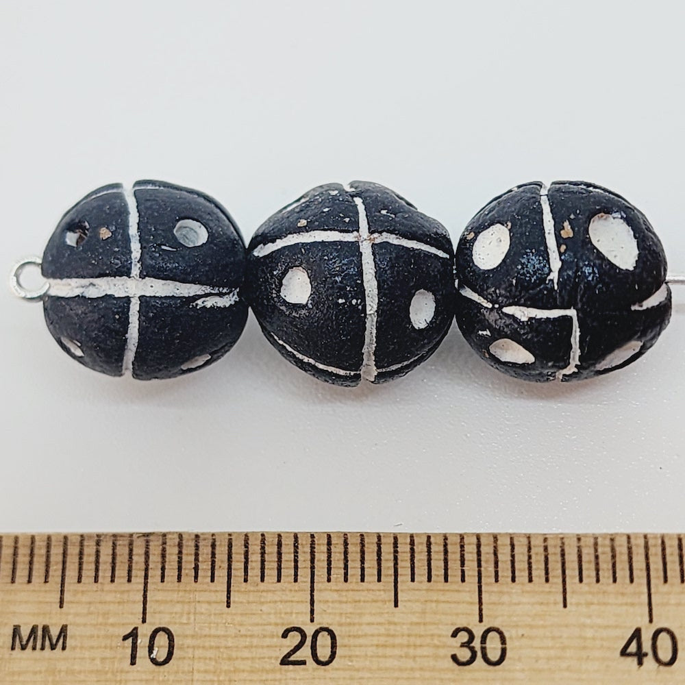 15mm Round Beads (10) - Black w. Cross & Dots - Vintage Clay Beads