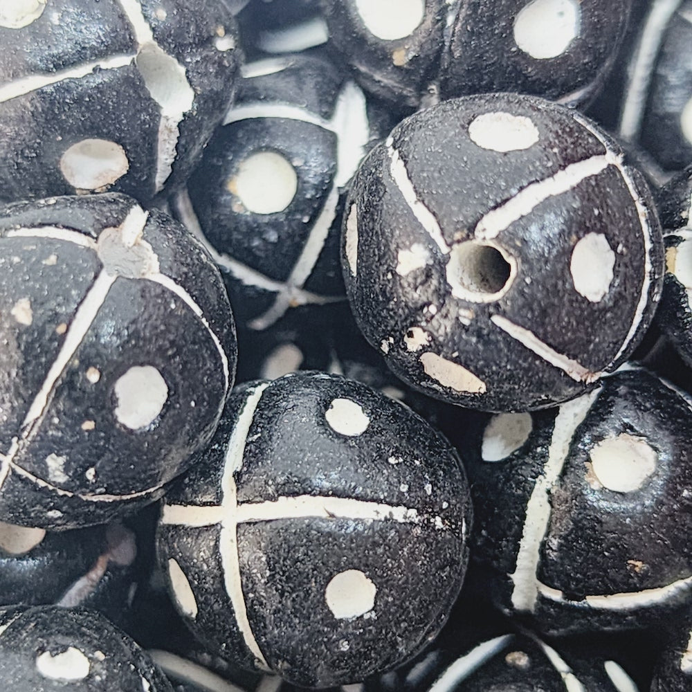 15mm Round Beads (10) - Black w. Cross & Dots - Vintage Clay Beads
