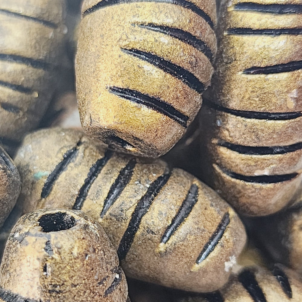 23x12mm Barrel Shaped w. Cuts (10) - Antique Gold - Vintage Clay Beads