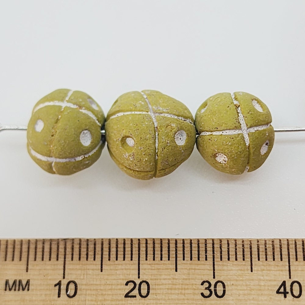 13mm Round Beads (10) - Yellow/Green w. Cross & Dots - Vintage Clay Beads