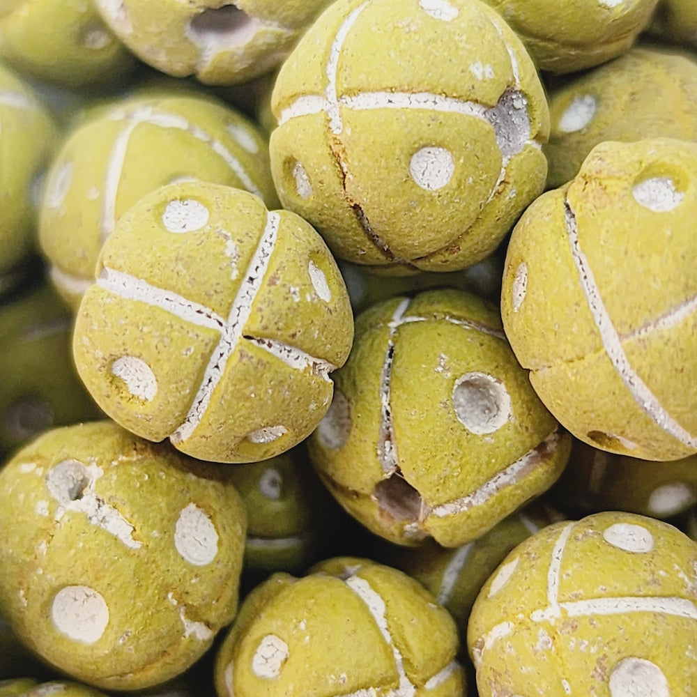 13mm Round Beads (10) - Yellow/Green w. Cross & Dots - Vintage Clay Beads