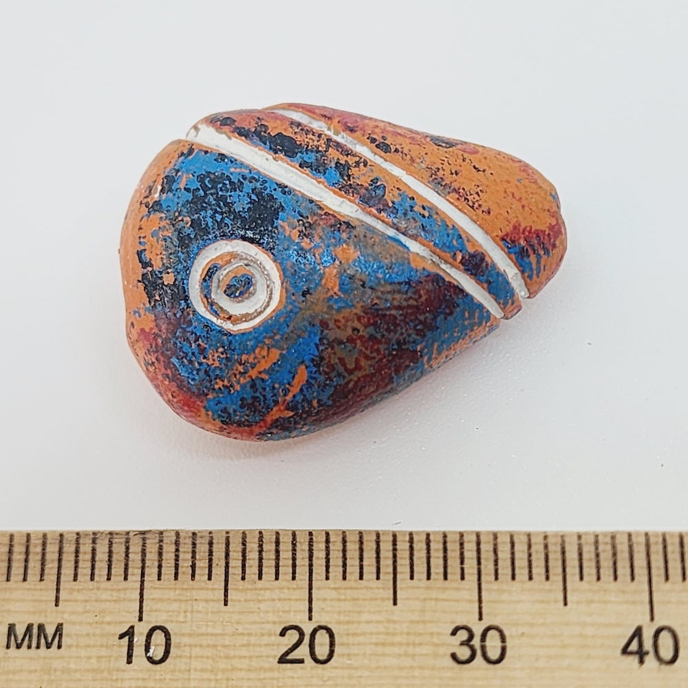 27mm Flat Teardrop (10) - Burnt Orange w. Blue & White - Vintage Clay Beads