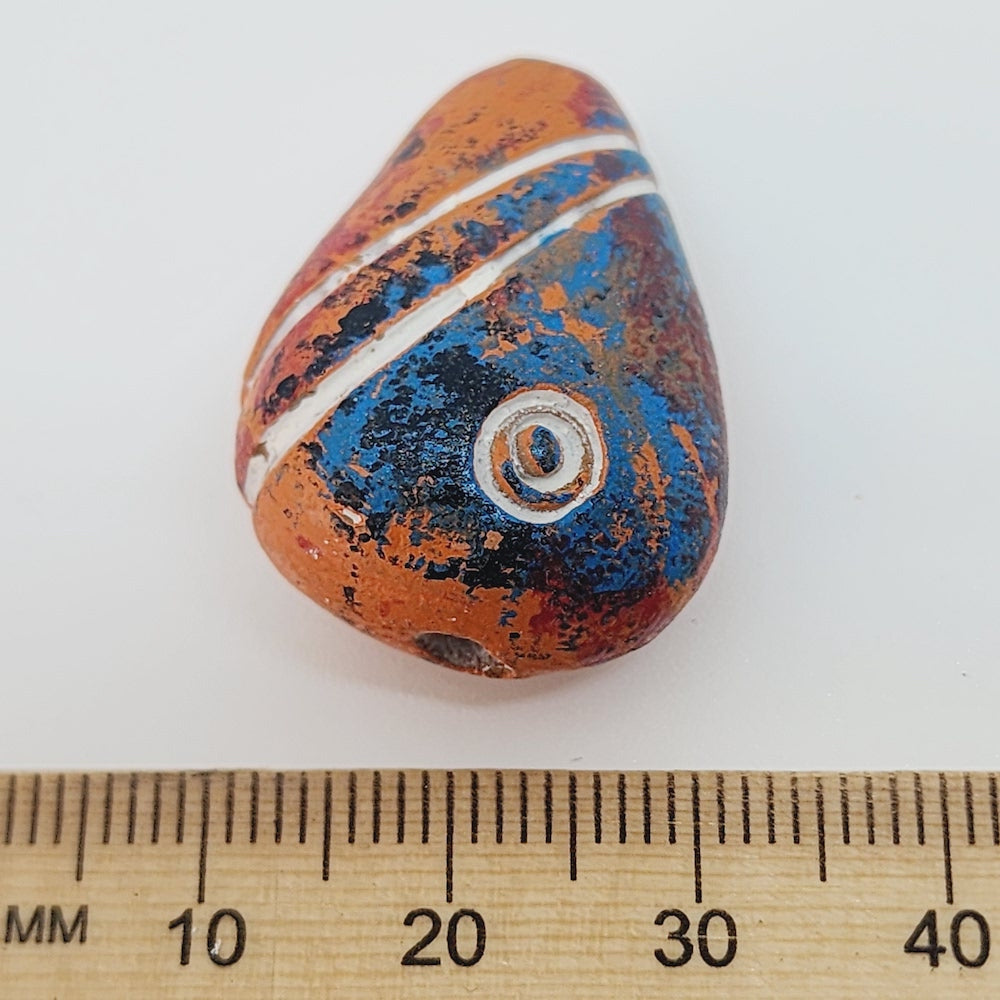 27mm Flat Teardrop (10) - Burnt Orange w. Blue & White - Vintage Clay Beads