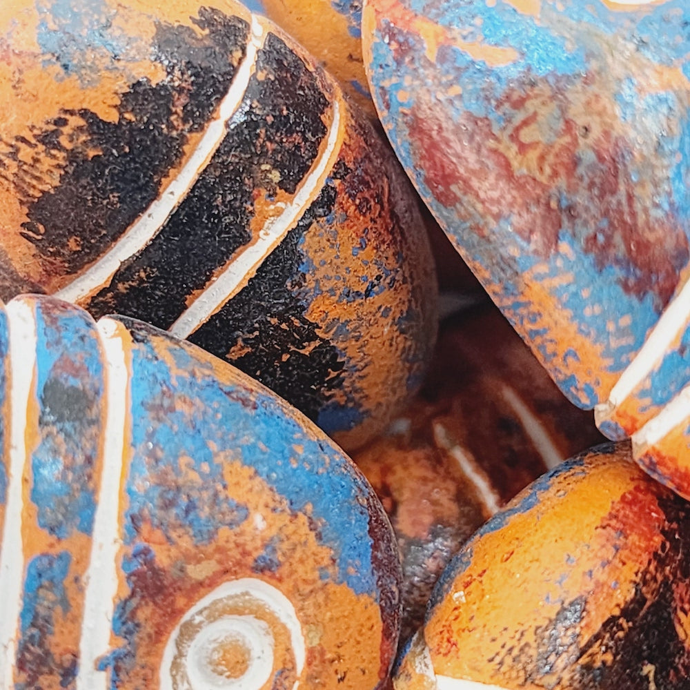 27mm Flat Teardrop (10) - Burnt Orange w. Blue & White - Vintage Clay Beads