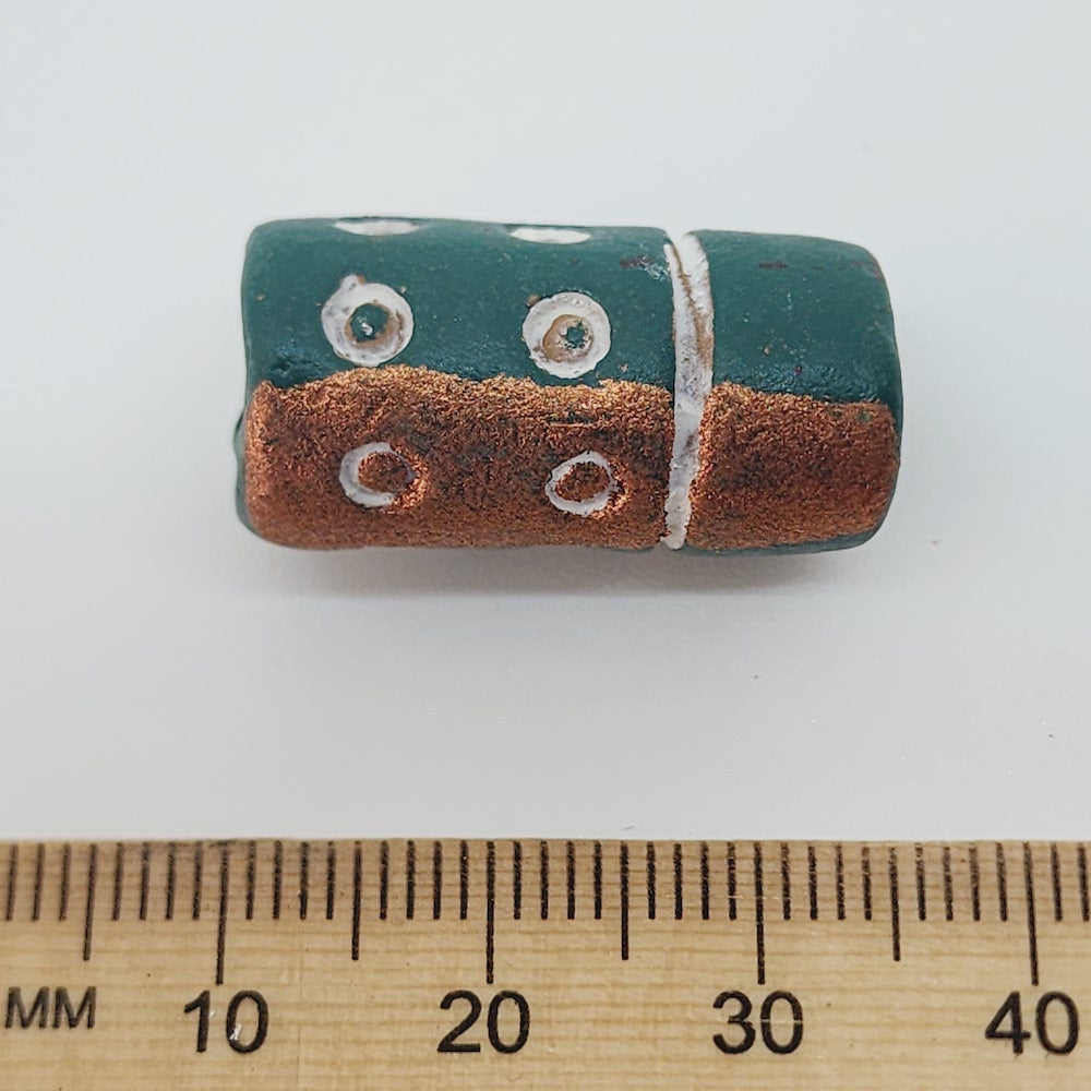 23x12mm Tube (10) - Green w. Copper & Russet - Vintage Clay Beads