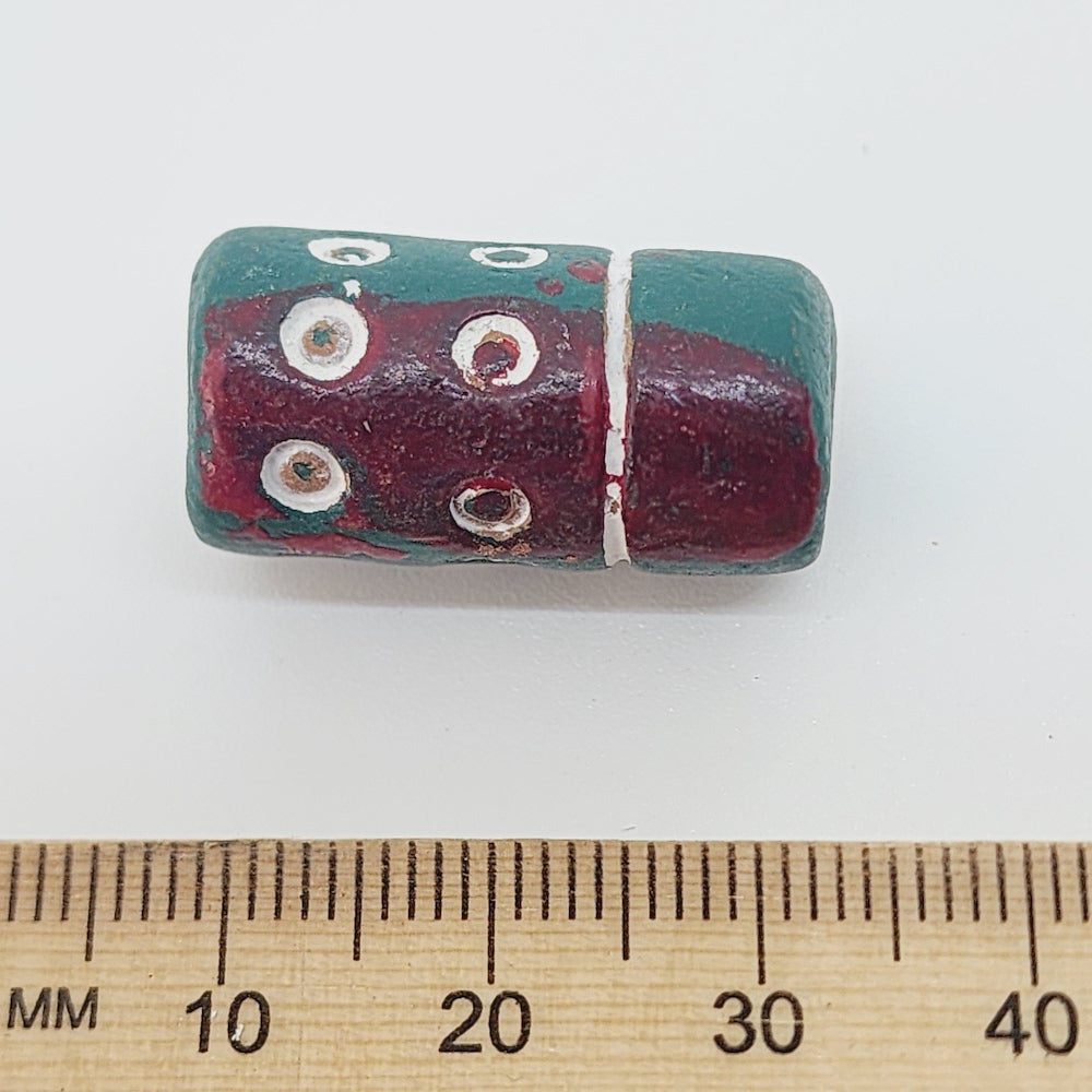 23x12mm Tube (10) - Green w. Copper & Russet - Vintage Clay Beads