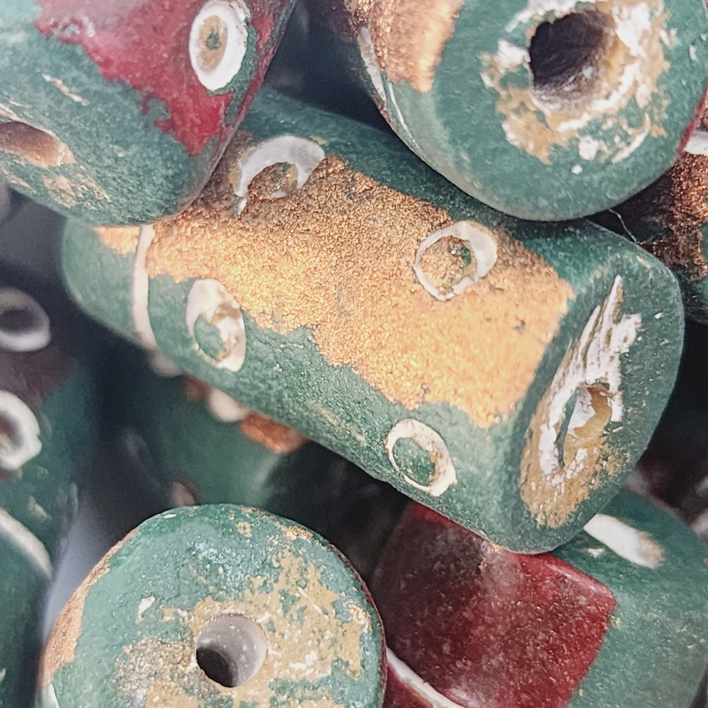 23x12mm Tube (10) - Green w. Copper & Russet - Vintage Clay Beads