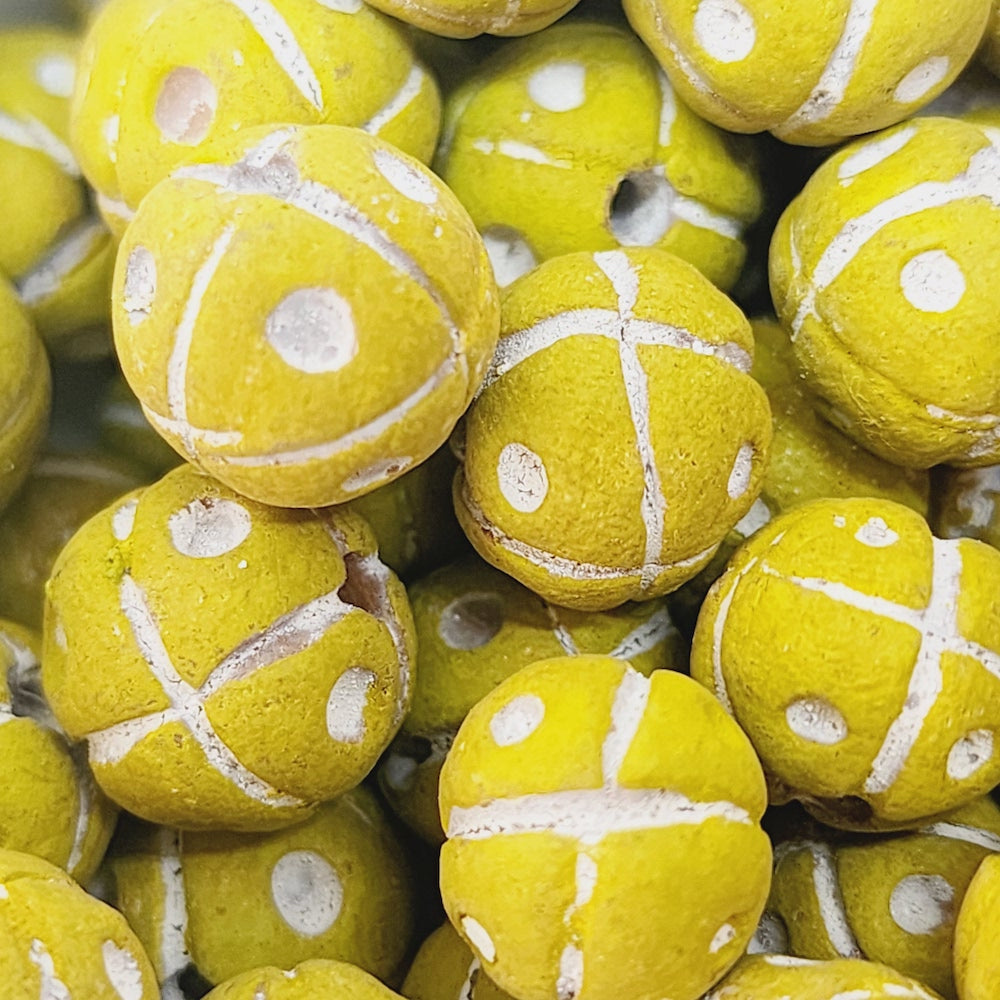 13mm Round Beads (10) - Yellow w. Cross & Dots - Vintage Clay Beads