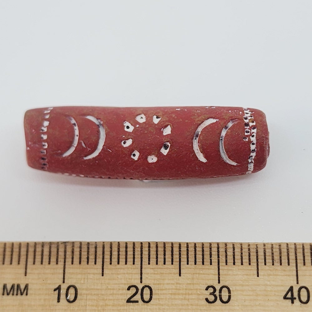 30x8mm Tube (10) - Red Terracotta w. White - Vintage Clay Beads