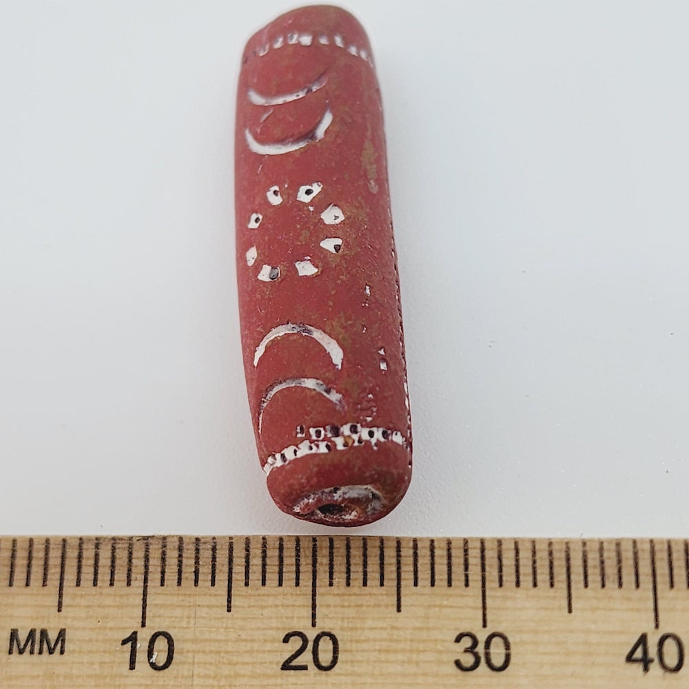 30x8mm Tube (10) - Red Terracotta w. White - Vintage Clay Beads