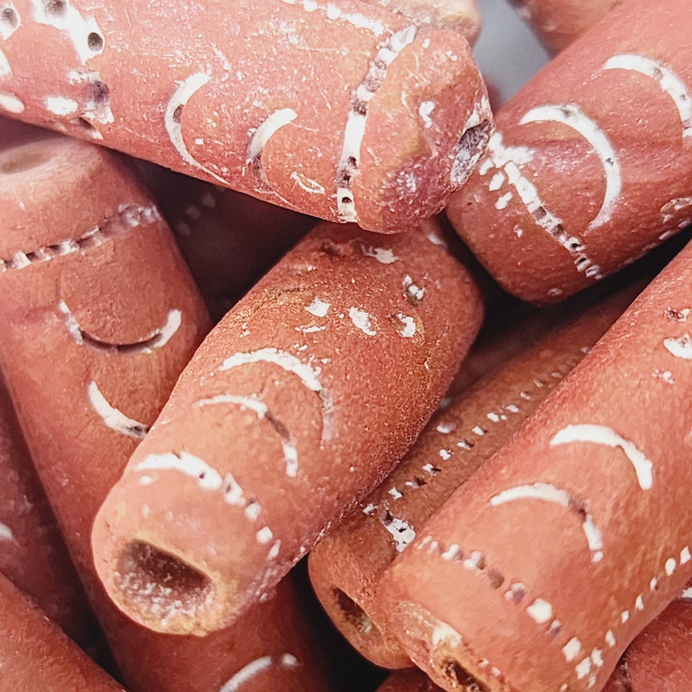 30x8mm Tube (10) - Red Terracotta w. White - Vintage Clay Beads