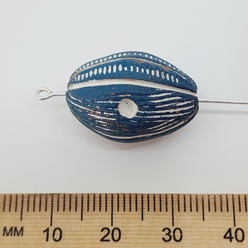 23.5x15.5mm Oval (10) - Blue w. Copper & White - Vintage Clay Beads