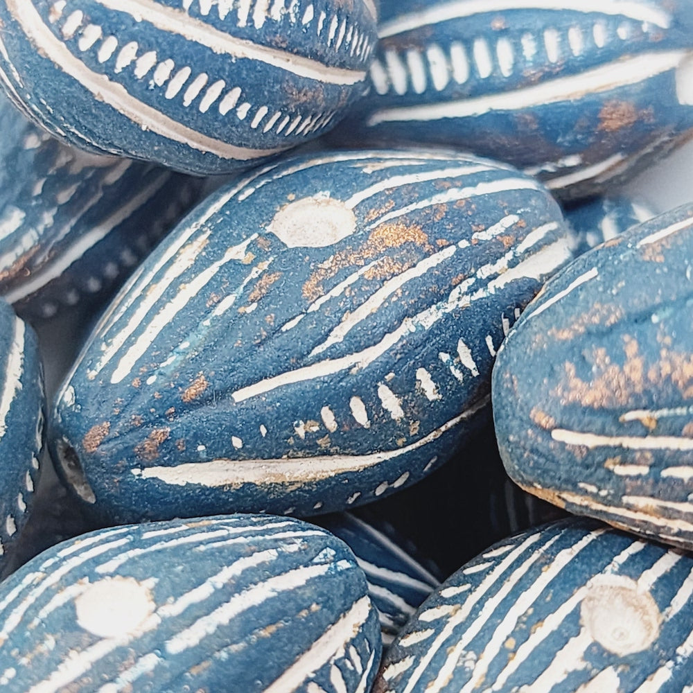 23.5x15.5mm Oval (10) - Blue w. Copper & White - Vintage Clay Beads