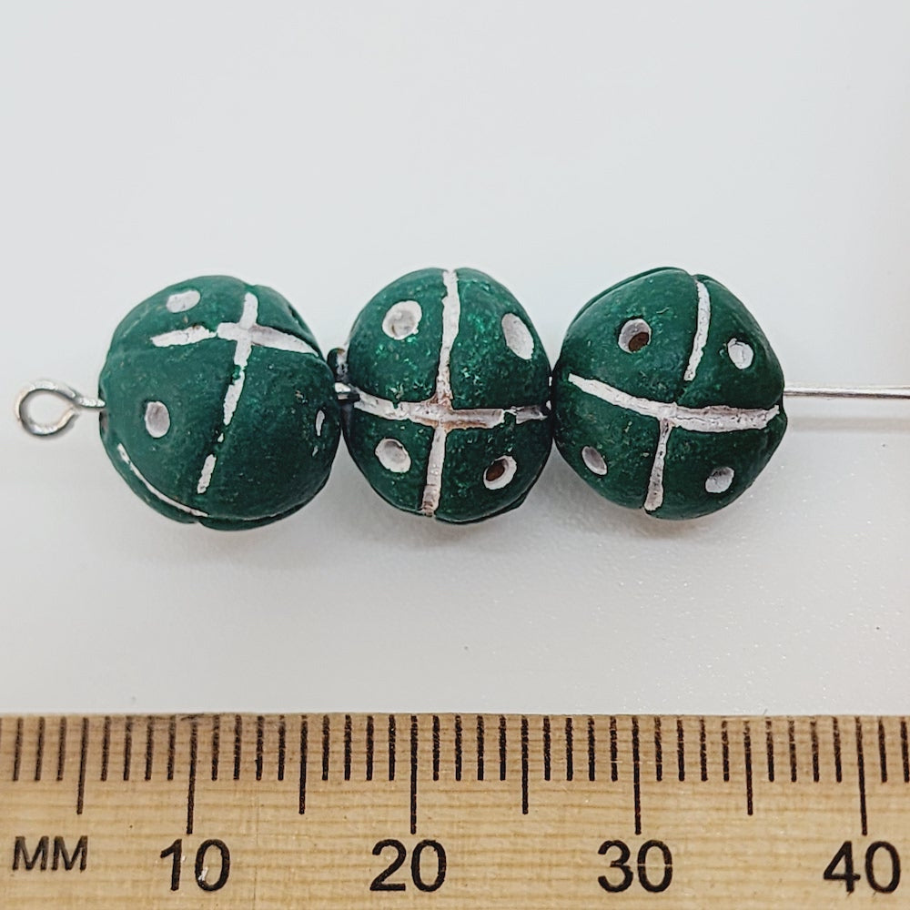 13mm Round Beads (10) - Green w. Cross & Dots - Vintage Clay Beads