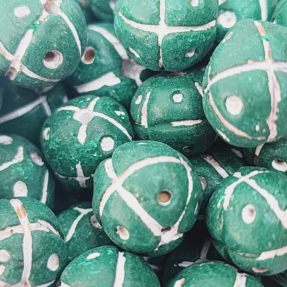 13mm Round Beads (10) - Green w. Cross & Dots - Vintage Clay Beads