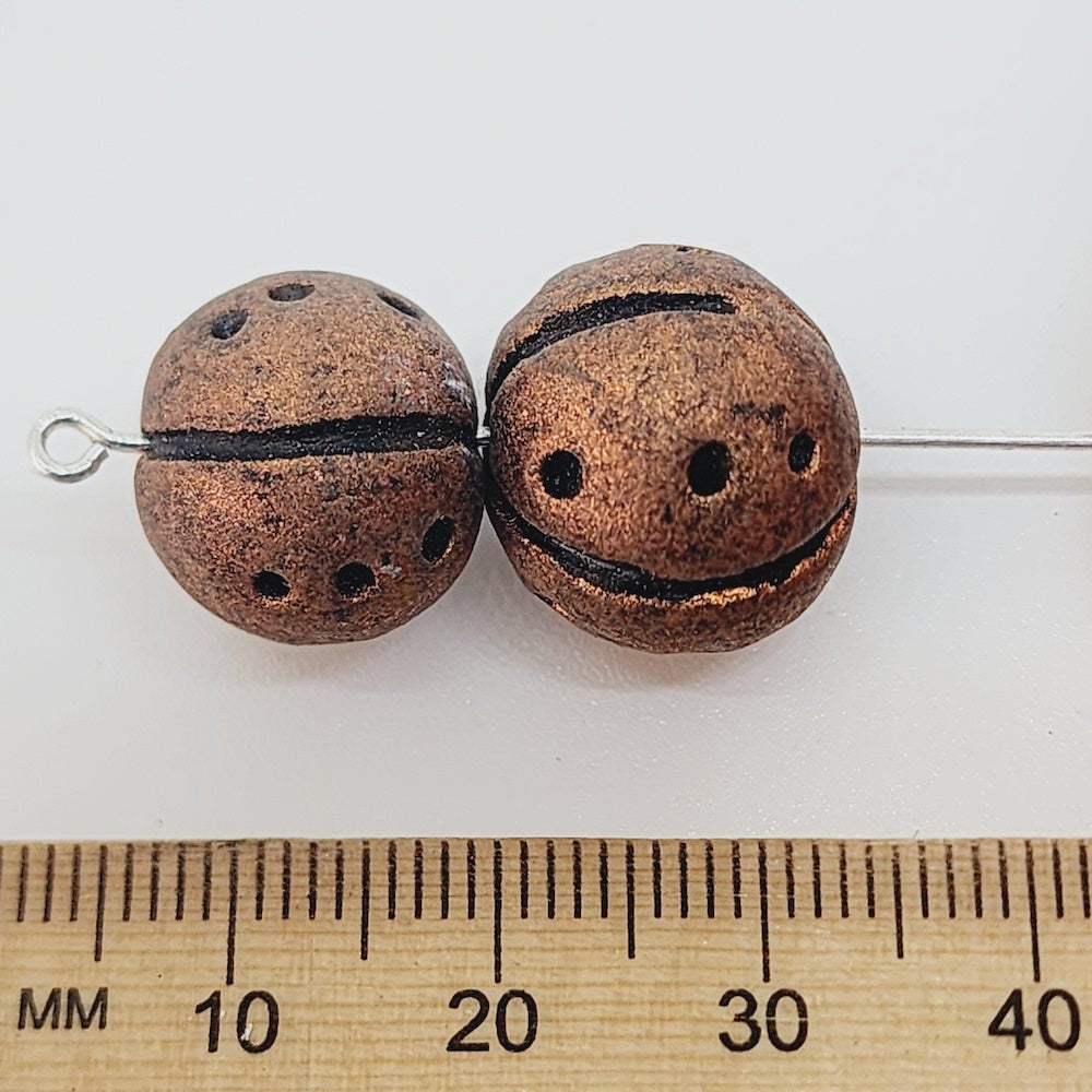12~15mm Round Beads (10) - Antique Copper w. Black - Vintage Clay Beads