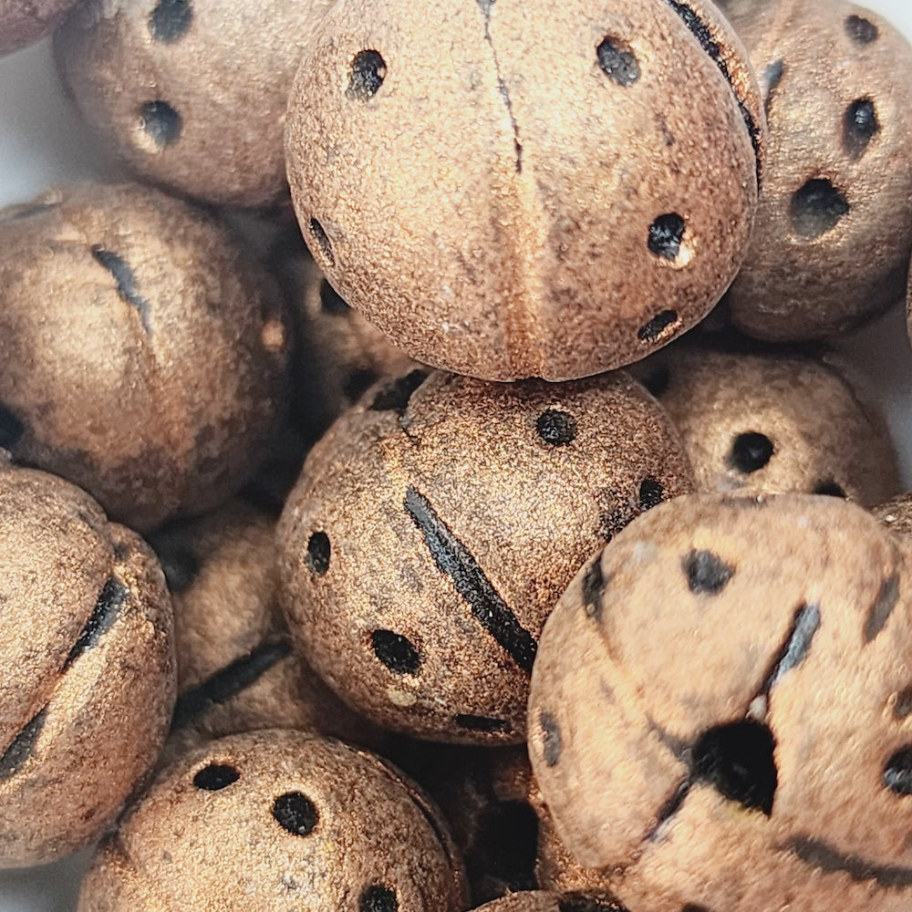 12~15mm Round Beads (10) - Antique Copper w. Black - Vintage Clay Beads