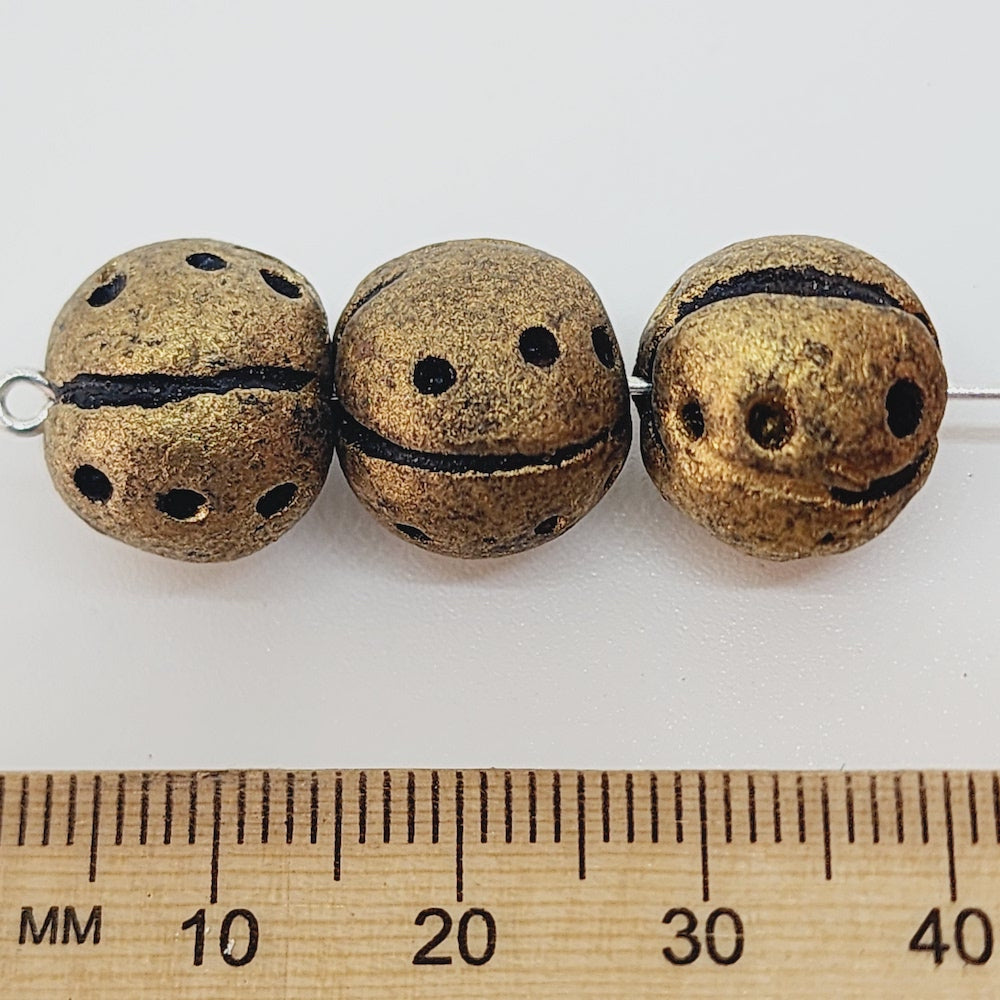 12~15mm Round Beads (10) - Antique Gold w. Black - Vintage Clay Beads