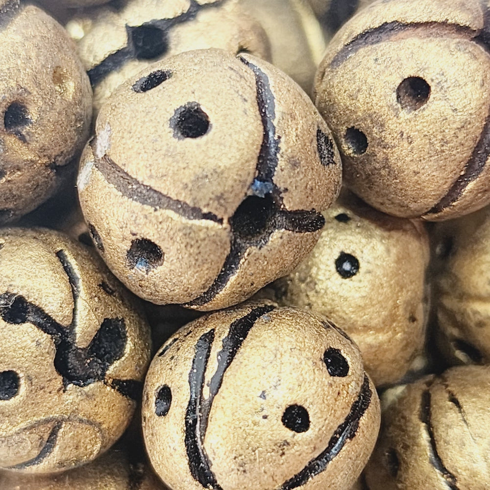 12~15mm Round Beads (10) - Antique Gold w. Black - Vintage Clay Beads