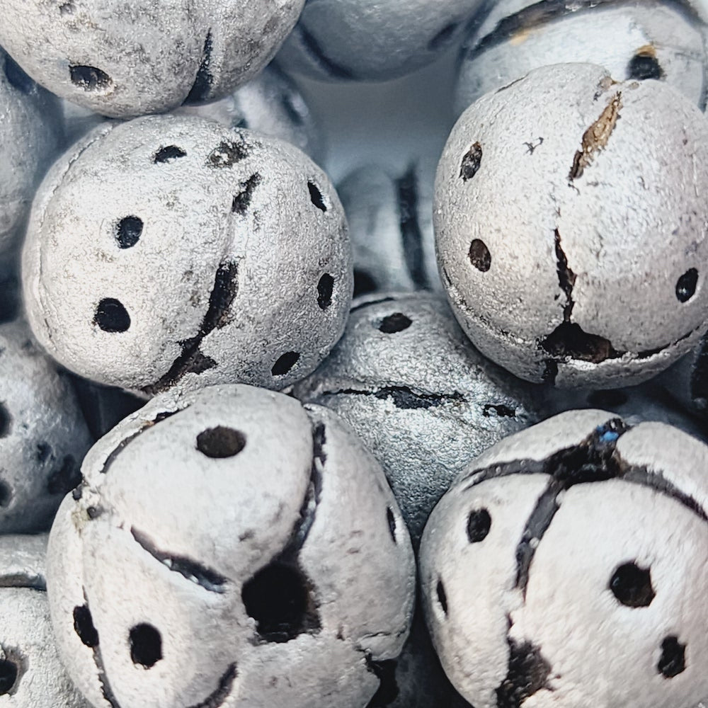 12~15mm Round Beads (10) - Antique Silver w. Black - Vintage Clay Beads