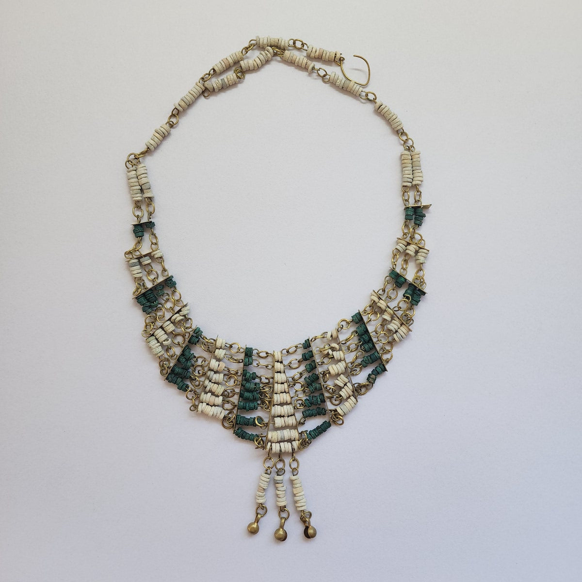 Turquoise & White Faience Clay Beads - Vintage Egyptian Revival Choker Bib Collar Necklace