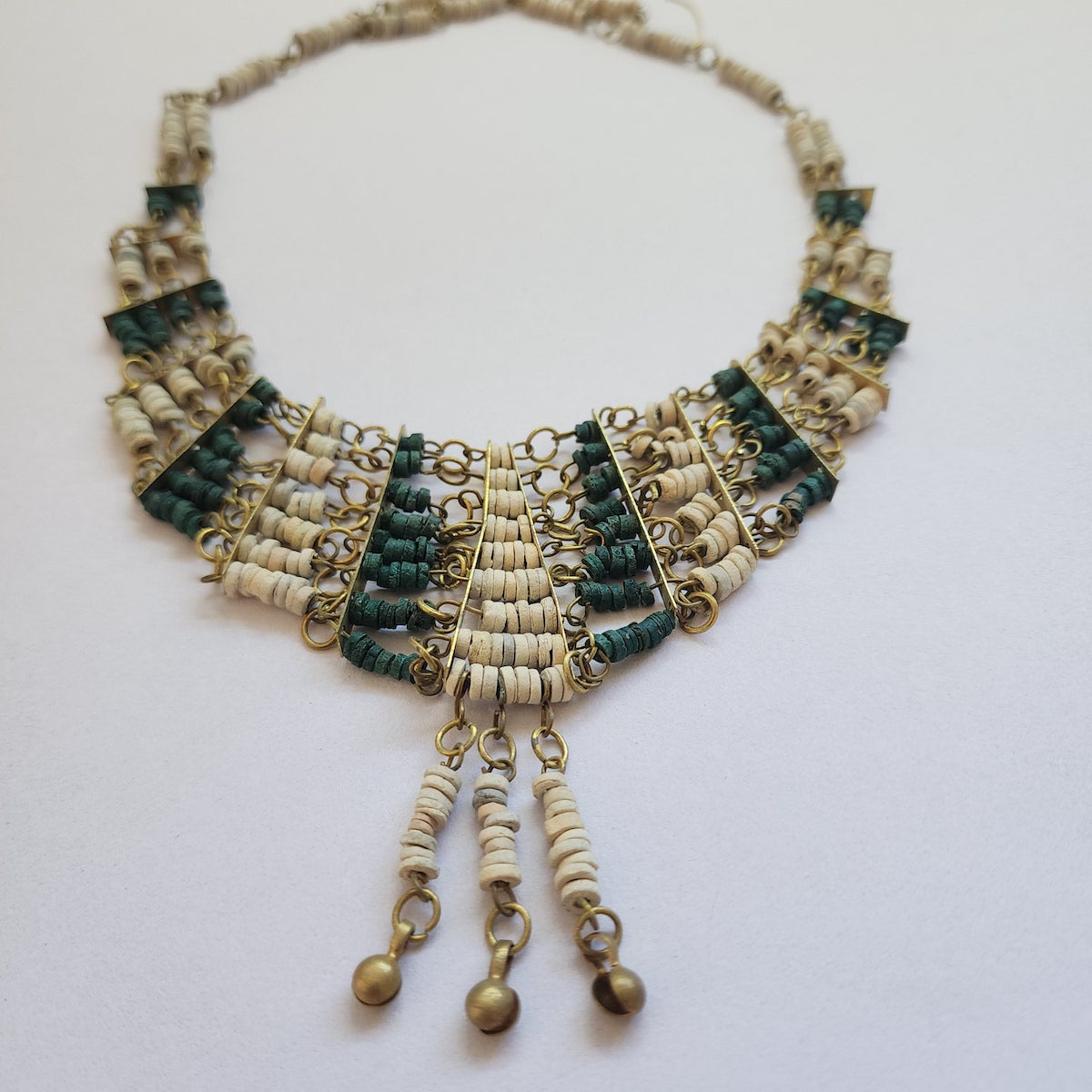 Turquoise & White Faience Clay Beads - Vintage Egyptian Revival Choker Bib Collar Necklace