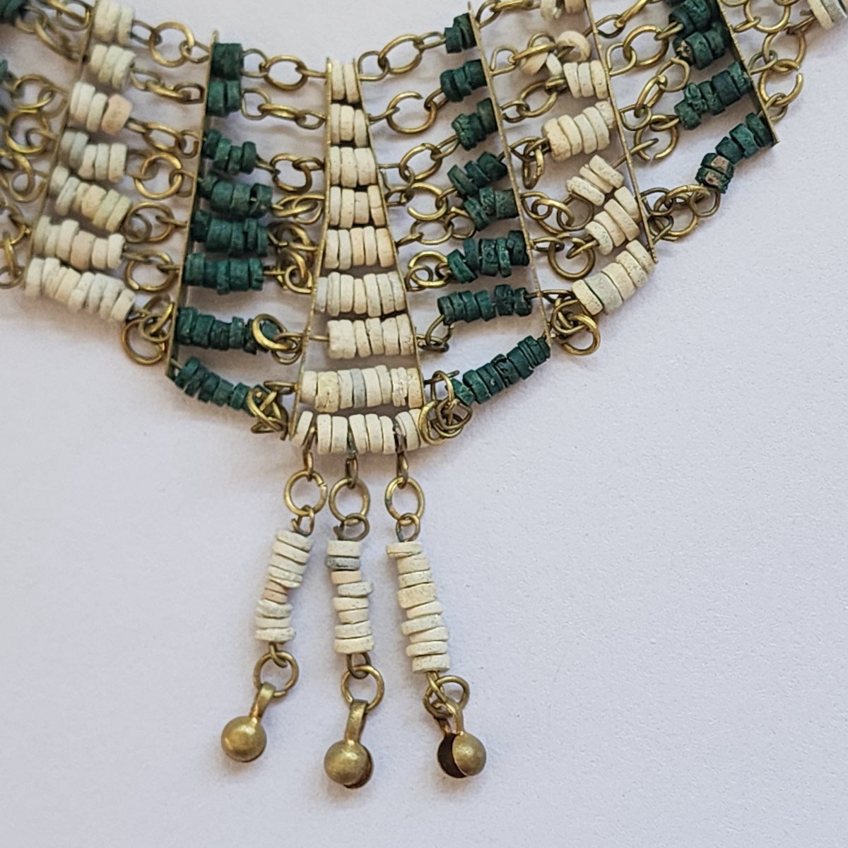 Turquoise & White Faience Clay Beads - Vintage Egyptian Revival Choker Bib Collar Necklace