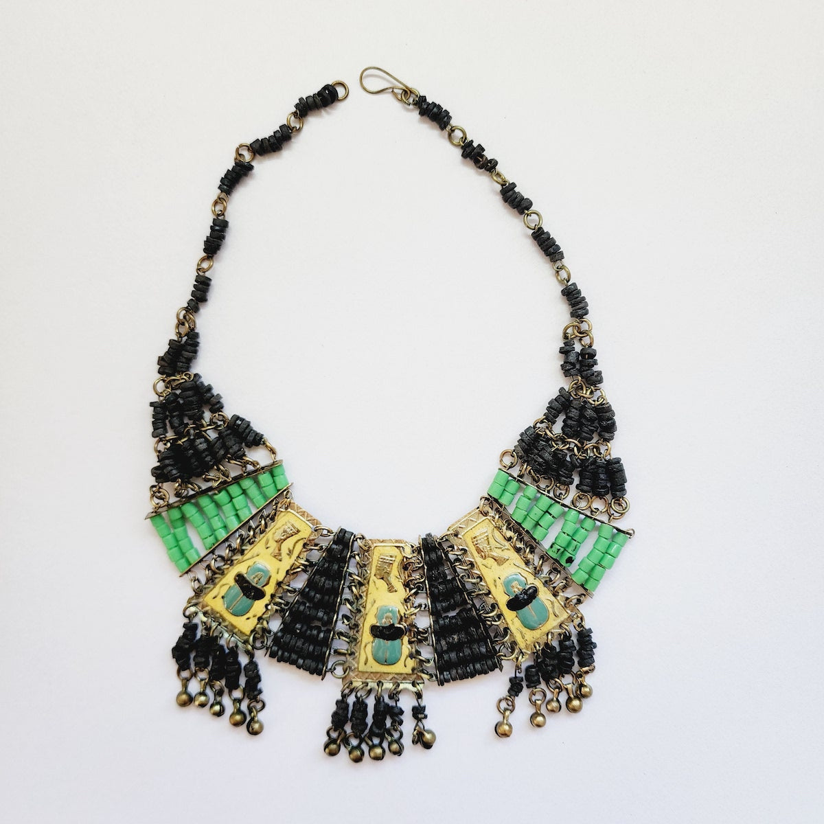 Enamel Scarab & Queen Nefertiti w. Green Sandcast Glass & Black Faience Clay Beads - Vintage Egyptian Revival Choker Bib Collar Necklace