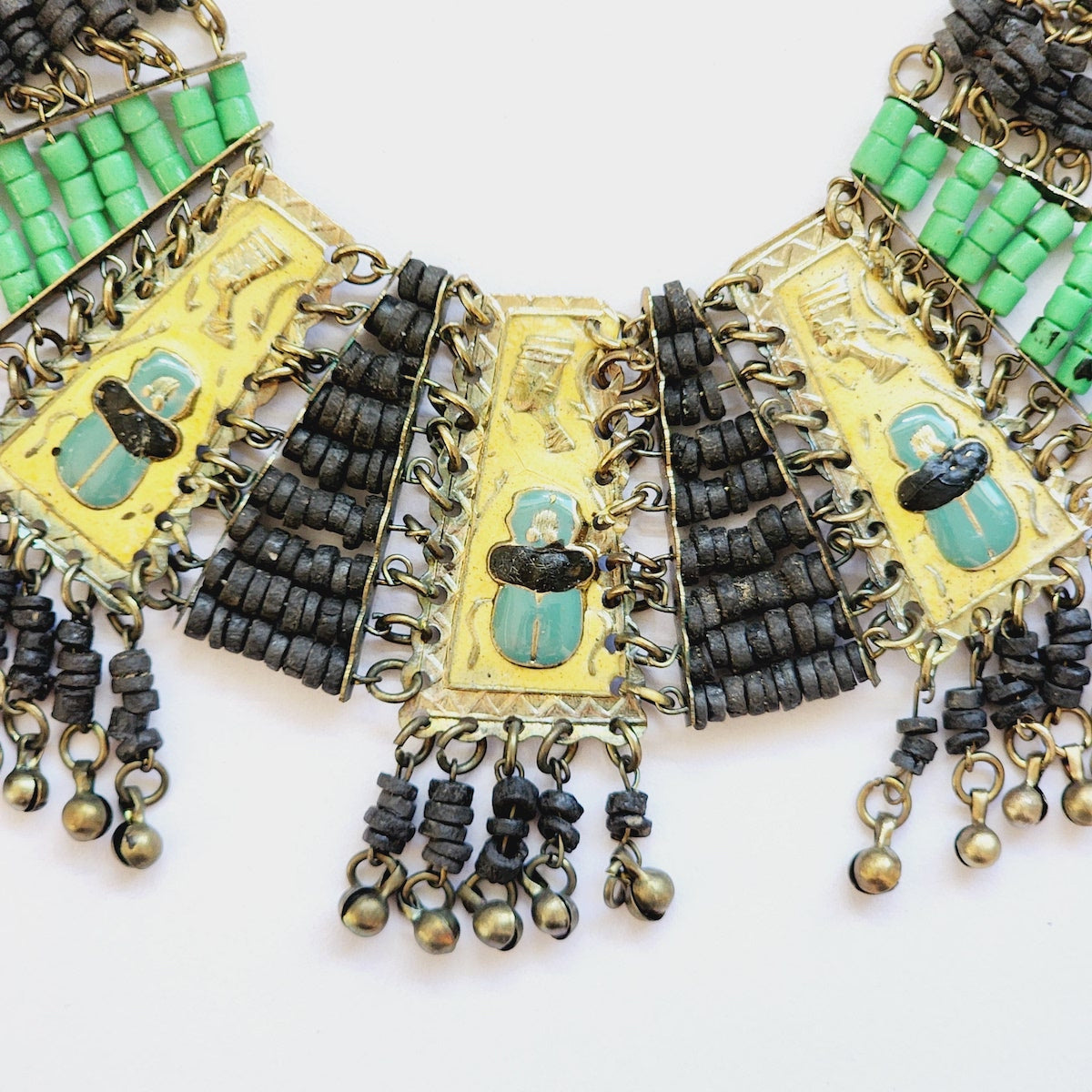 Enamel Scarab & Queen Nefertiti w. Green Sandcast Glass & Black Faience Clay Beads - Vintage Egyptian Revival Choker Bib Collar Necklace