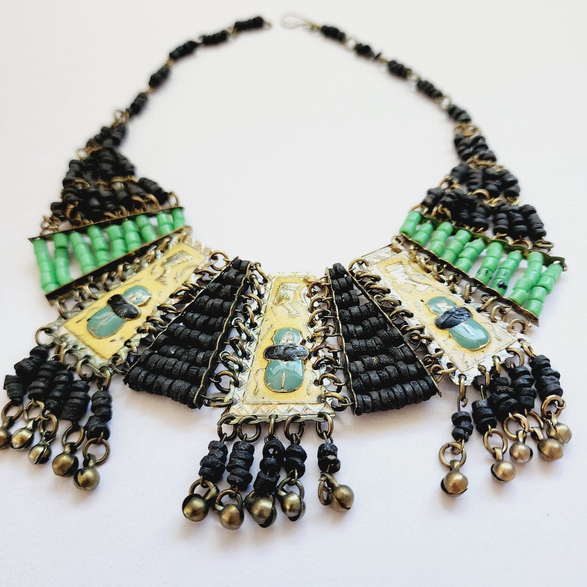 Enamel Scarab & Queen Nefertiti w. Green Sandcast Glass & Black Faience Clay Beads - Vintage Egyptian Revival Choker Bib Collar Necklace