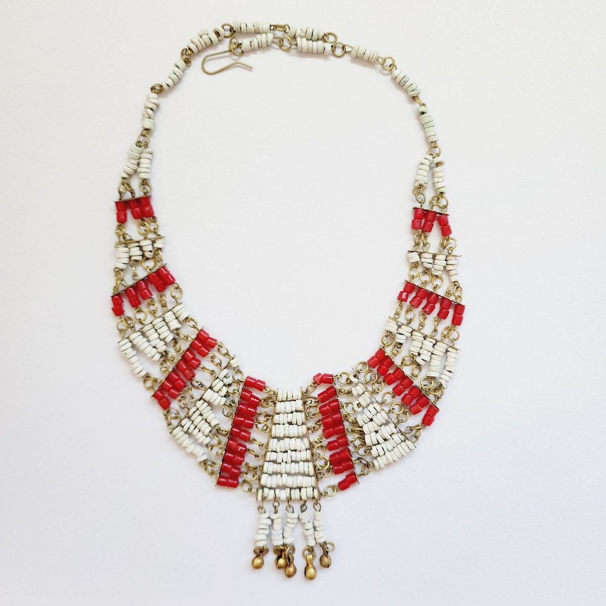 Red Glass w. White Faience Clay Beads - Vintage Egyptian Revival Choker Bib Collar Necklace
