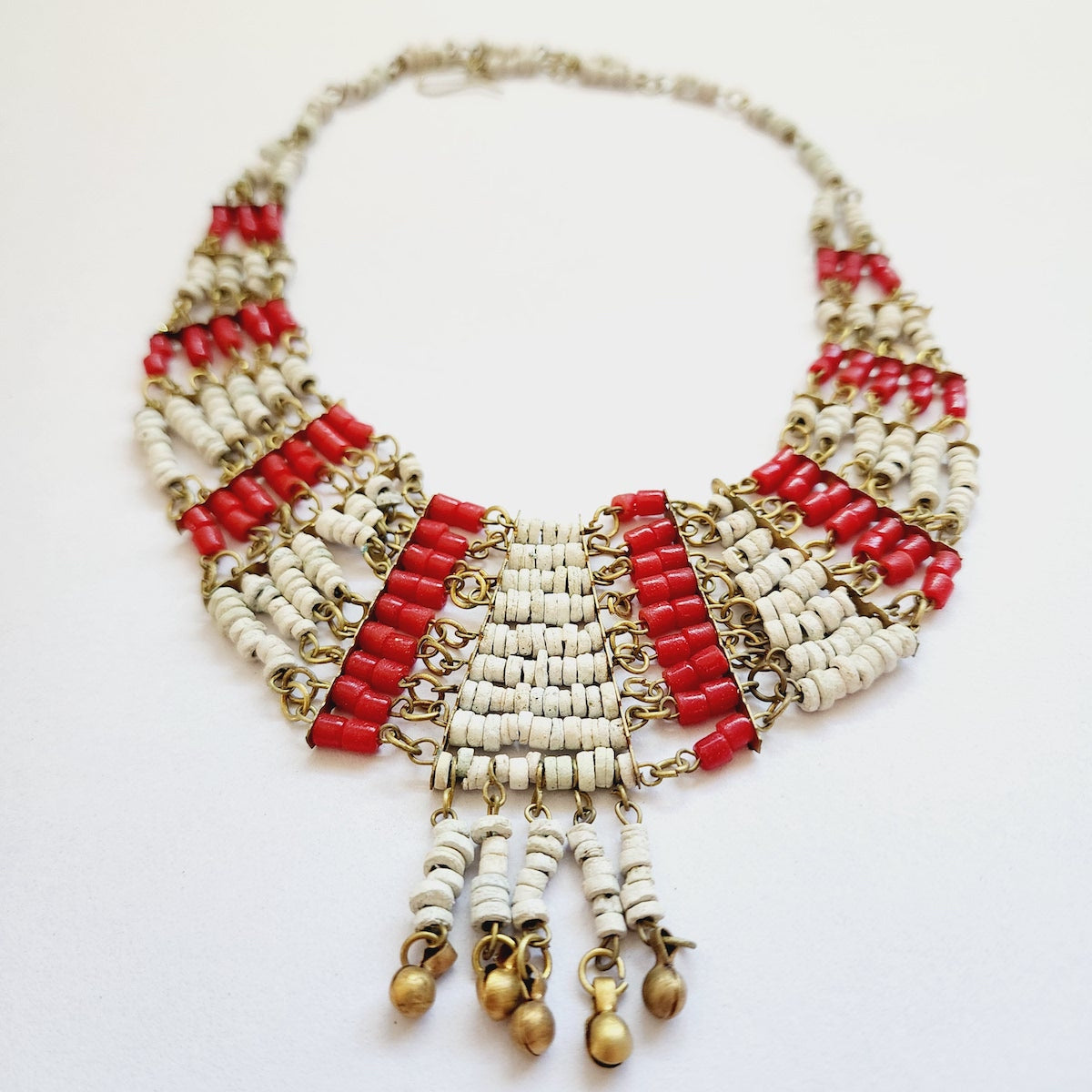 Red Glass w. White Faience Clay Beads - Vintage Egyptian Revival Choker Bib Collar Necklace